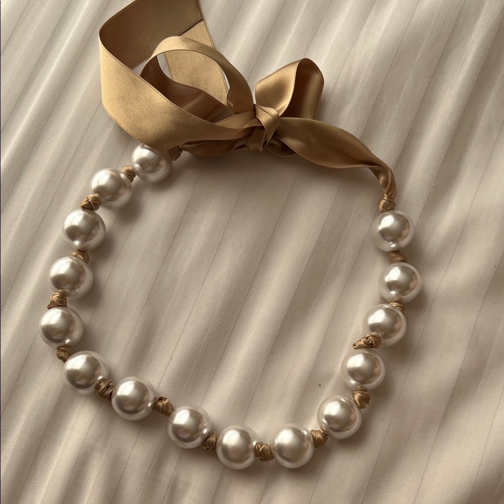 Beautiful Large Faux Pearl Necklace with Gold Satin Ribbon Tie 💝
